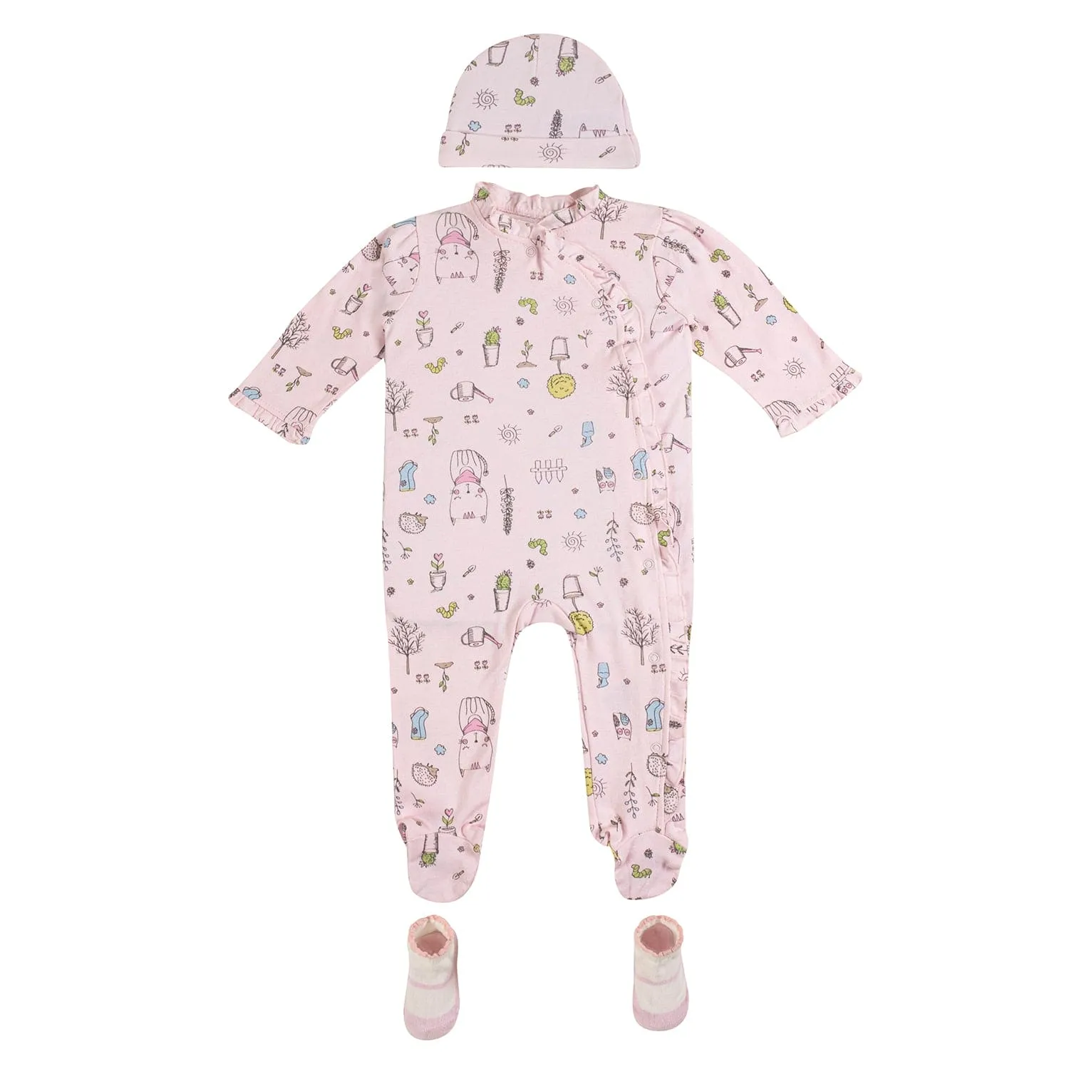 Baby Moo Floral Kitty Gift Set 6 Piece With Bodysuits, Pyjama, Cap, Bib And Socks - Pink