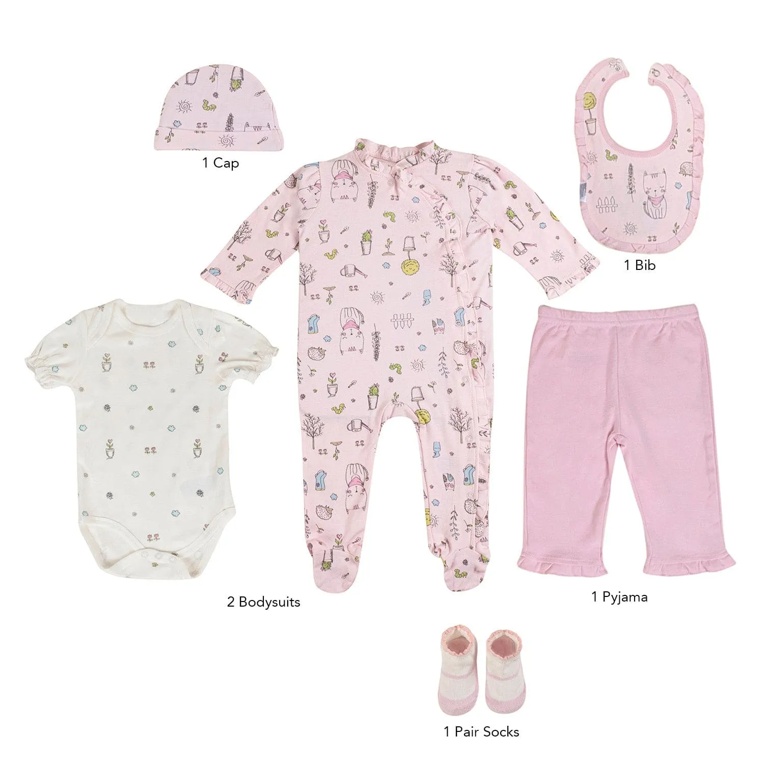 Baby Moo Floral Kitty Gift Set 6 Piece With Bodysuits, Pyjama, Cap, Bib And Socks - Pink