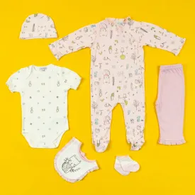 Baby Moo Floral Kitty Gift Set 6 Piece With Bodysuits, Pyjama, Cap, Bib And Socks - Pink