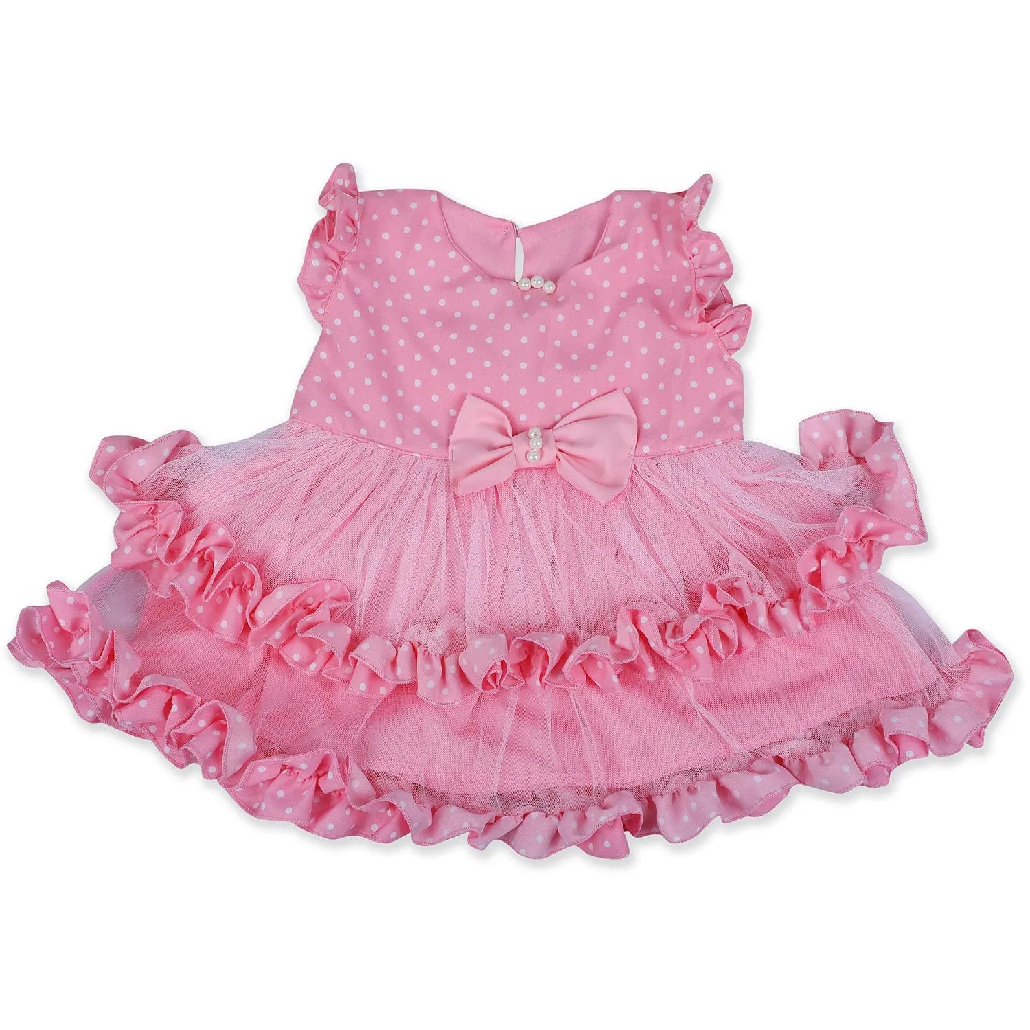 Baby Moo Polka Dot With Pearl And Bow Detail Frilly Layered Party Dress - Pink