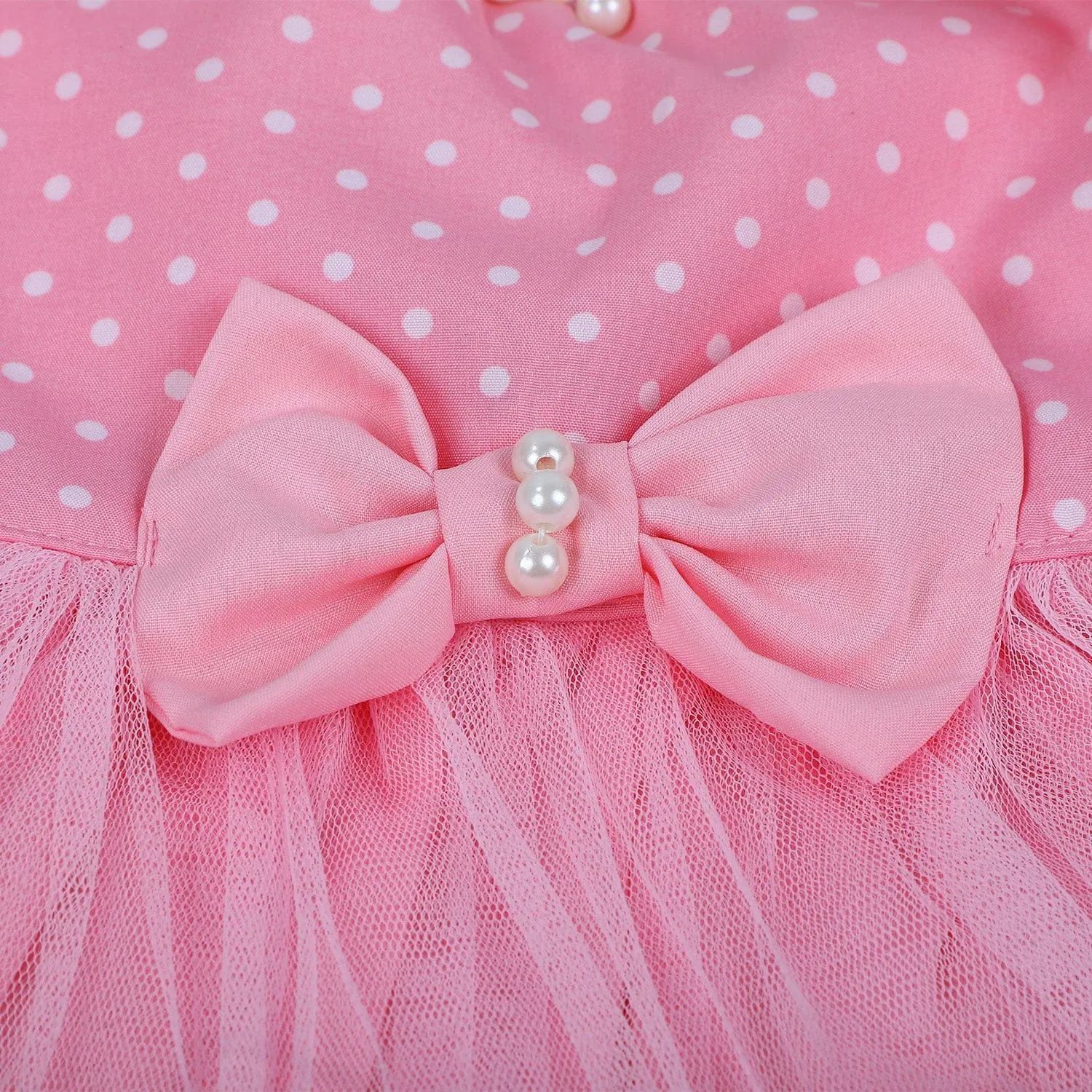 Baby Moo Polka Dot With Pearl And Bow Detail Frilly Layered Party Dress - Pink