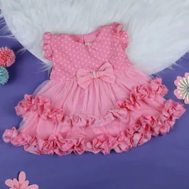 Baby Moo Polka Dot With Pearl And Bow Detail Frilly Layered Party Dress - Pink