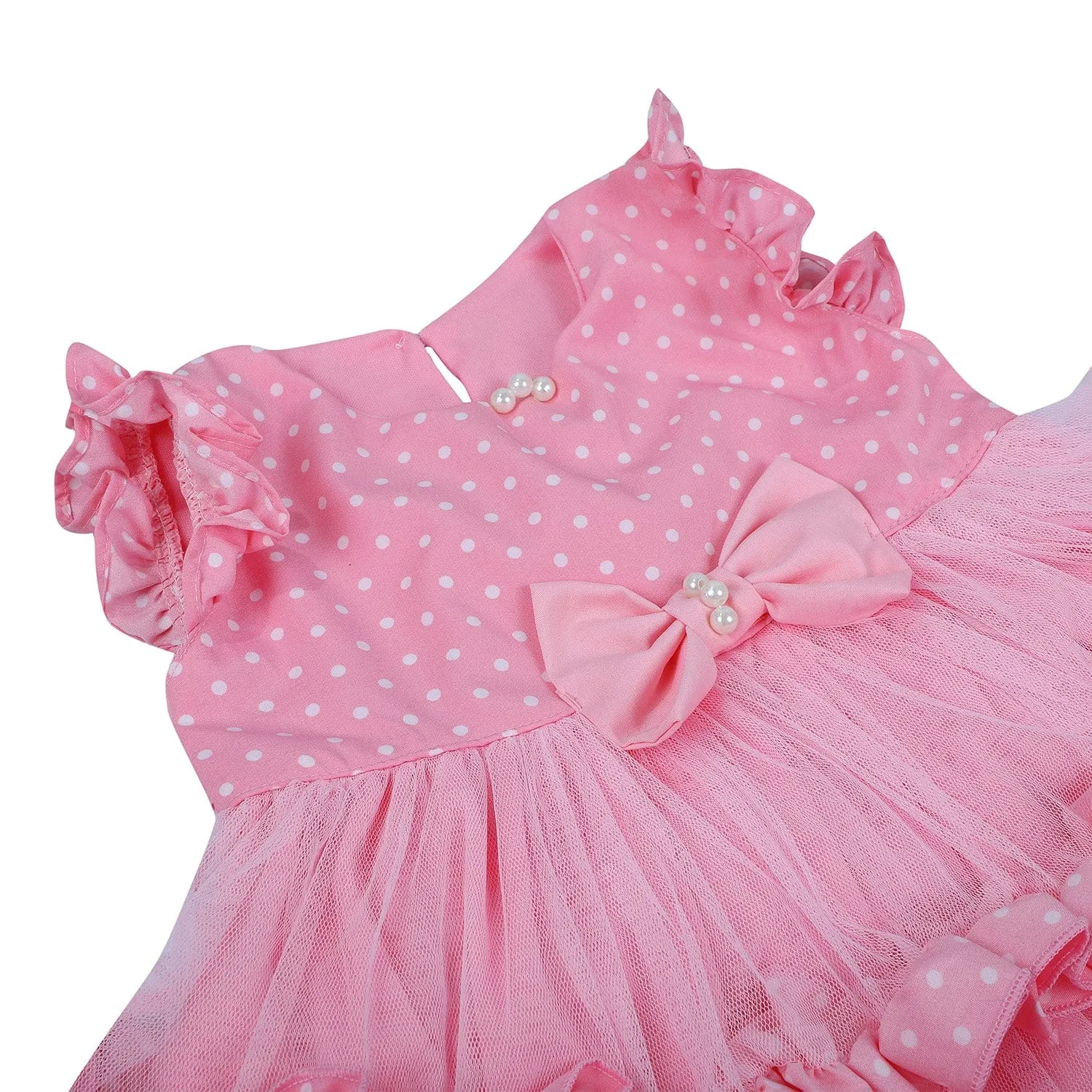 Baby Moo Polka Dot With Pearl And Bow Detail Frilly Layered Party Dress - Pink