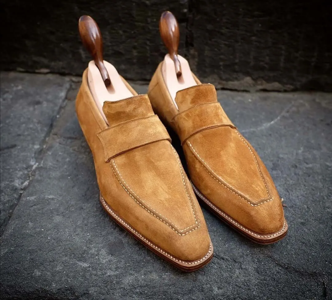 Beige Penny Loafer Suede Whole Cut Shoes,Men's Fashion Shoes