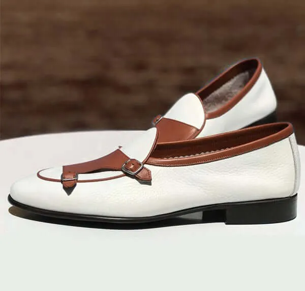 Bespoke White & Brown Leather Monk Strap Shoes for Men's