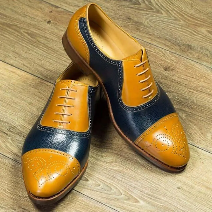 Bespoke Yellow & Blue Leather Cap Toe Lace Up Shoe for Men's