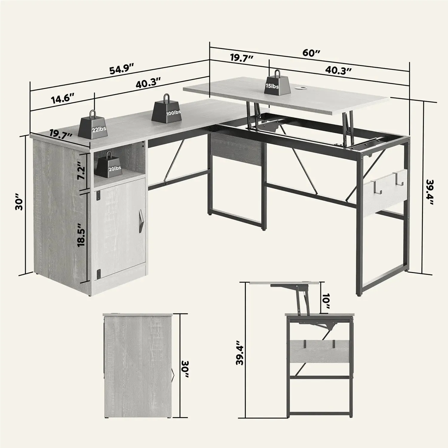 Bestier 60 Inch L-Shaped Standing Desk with File Cabinet