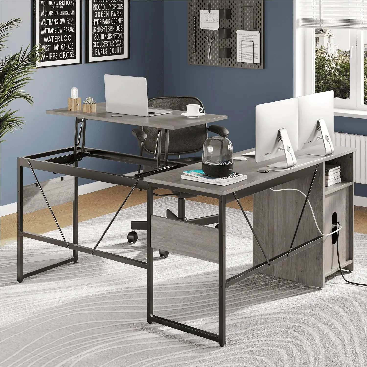 Bestier 60 Inch L-Shaped Standing Desk with File Cabinet