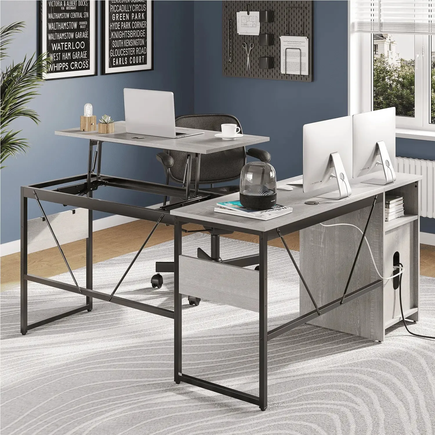 Bestier 60 Inch L-Shaped Standing Desk with File Cabinet