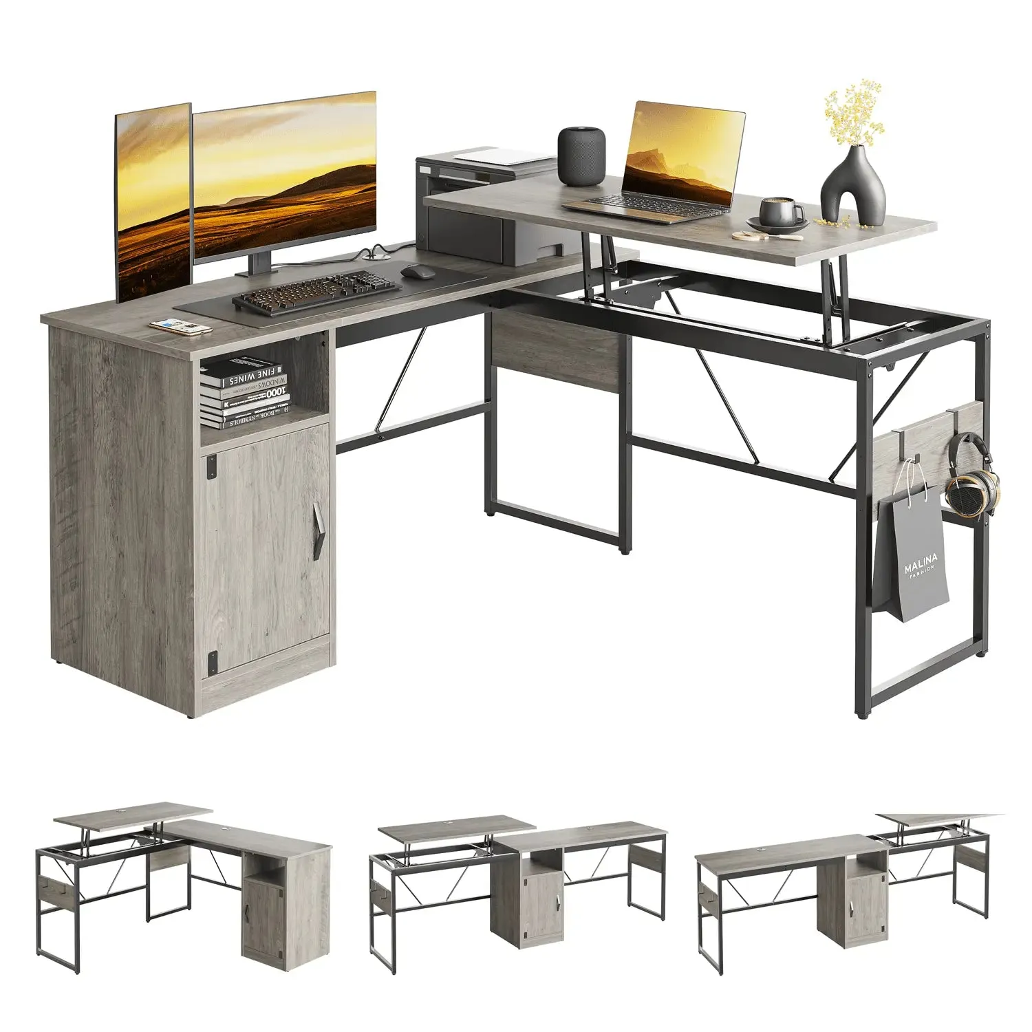 Bestier 60 Inch L-Shaped Standing Desk with File Cabinet