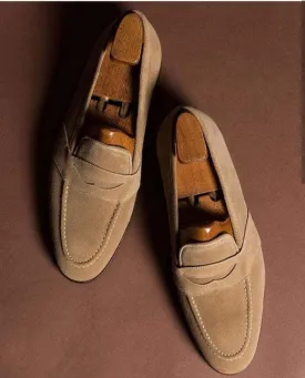 Handmade Men's Beige Suede Penny Loafers