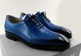 Handmade Men's Leather Blue Derby Brogue Shoes