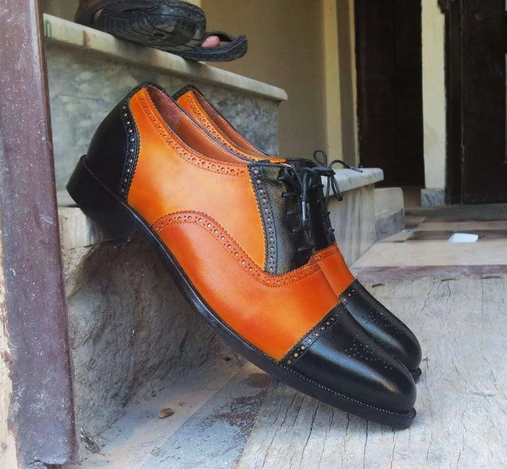 Handmade Tan Black Leather Cap Toe Brogue Shoes