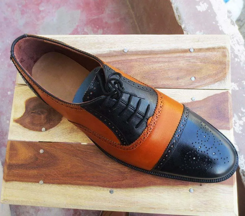 Handmade Tan Black Leather Cap Toe Brogue Shoes