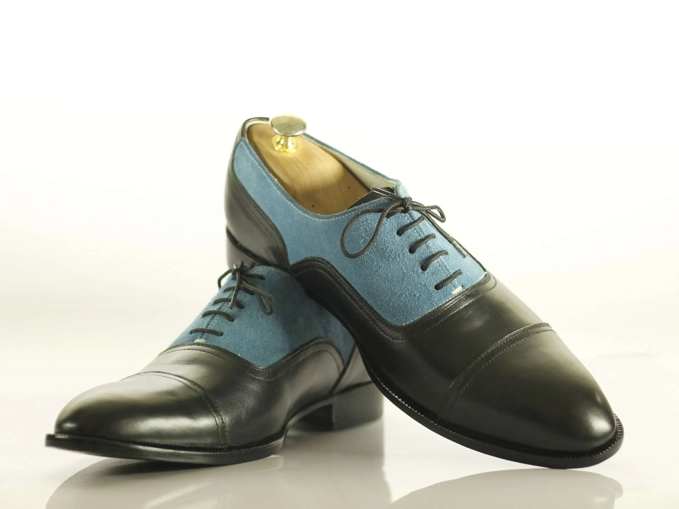 Men's Black Blue Cap Toe Leather Suede Shoes ,Party Shoes