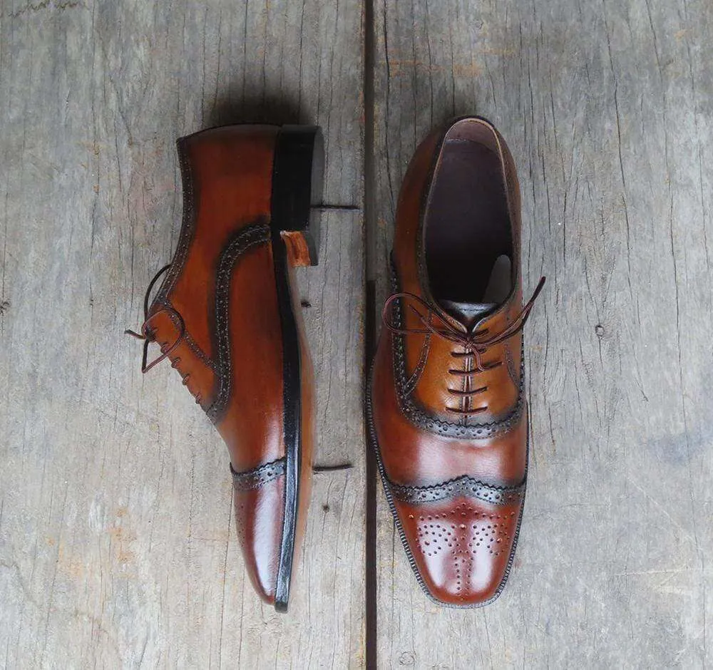 Two Tone Wing Tip Brogue Brown Black Shoe