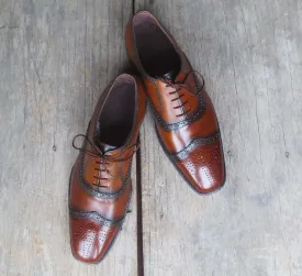 Two Tone Wing Tip Brogue Brown Black Shoe