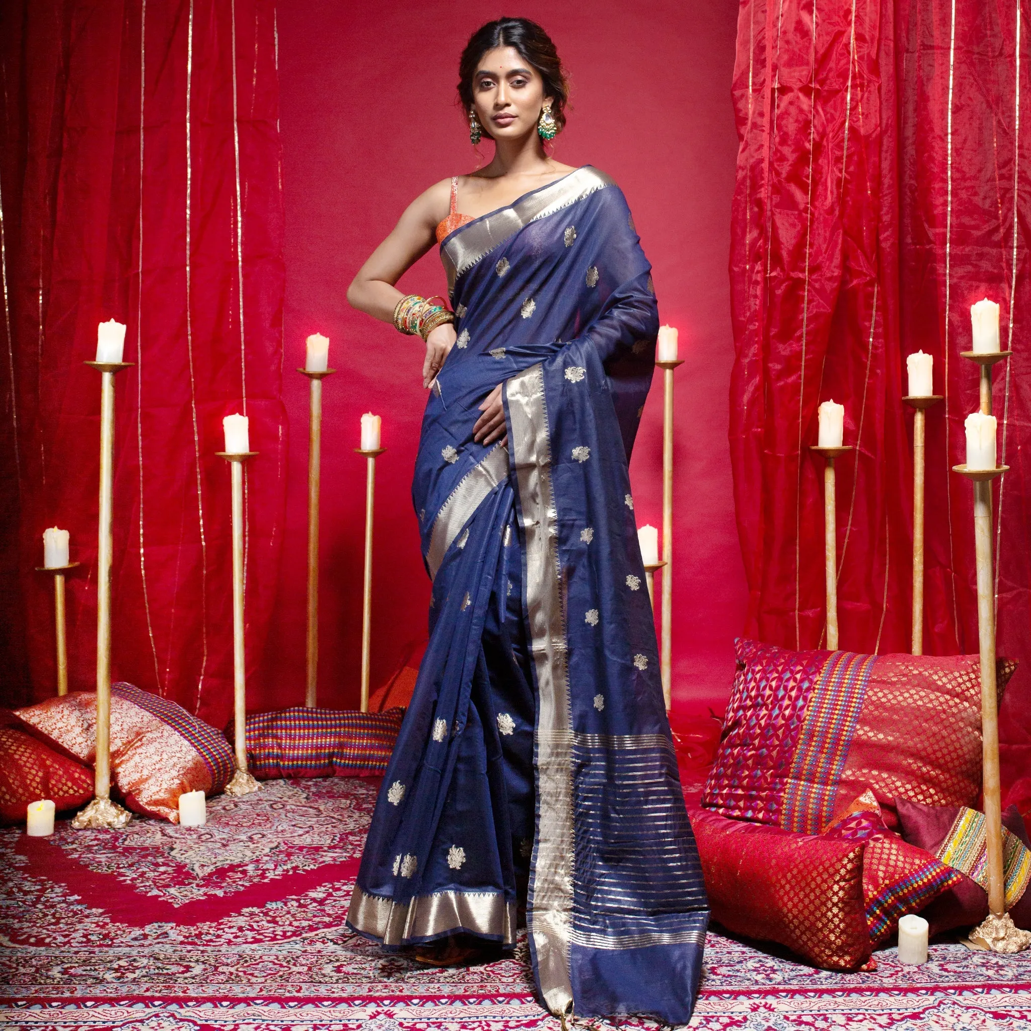 Women Banarasi Chanderi Silk Saree In Navy Blue Color With Blossom Zari Motifs And Border