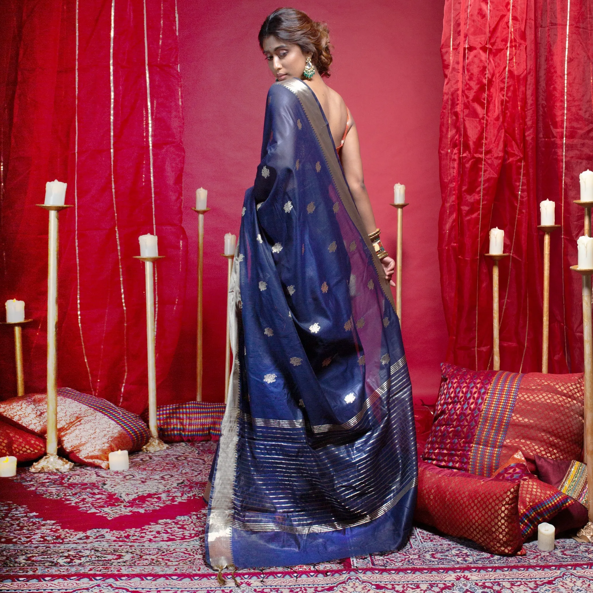 Women Banarasi Chanderi Silk Saree In Navy Blue Color With Blossom Zari Motifs And Border