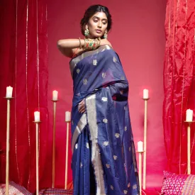 Women Banarasi Chanderi Silk Saree In Navy Blue Color With Blossom Zari Motifs And Border