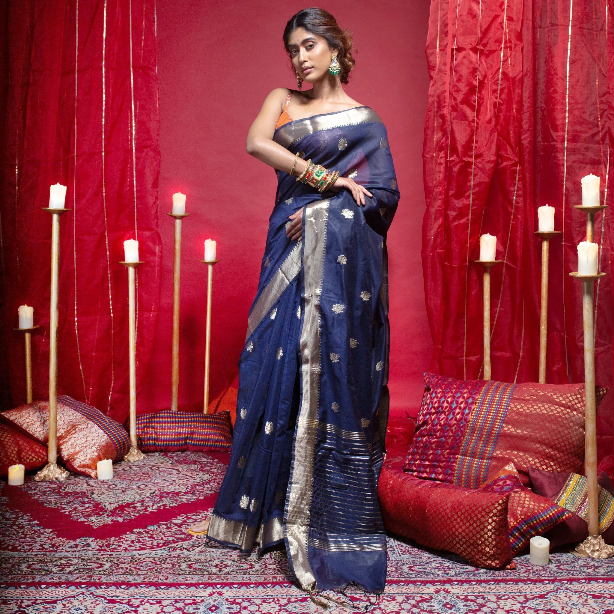 Women Banarasi Chanderi Silk Saree In Navy Blue Color With Blossom Zari Motifs And Border