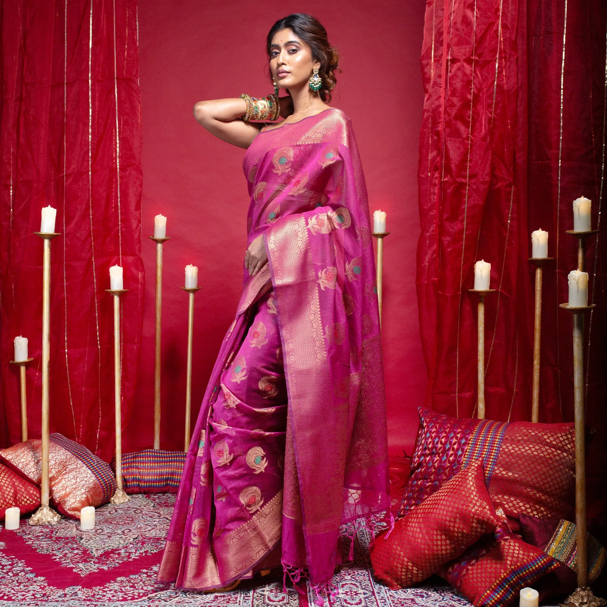 Women Banarasi Kora Organza Silk Saree In Magenta Color With Copper Zari Floral Motifs