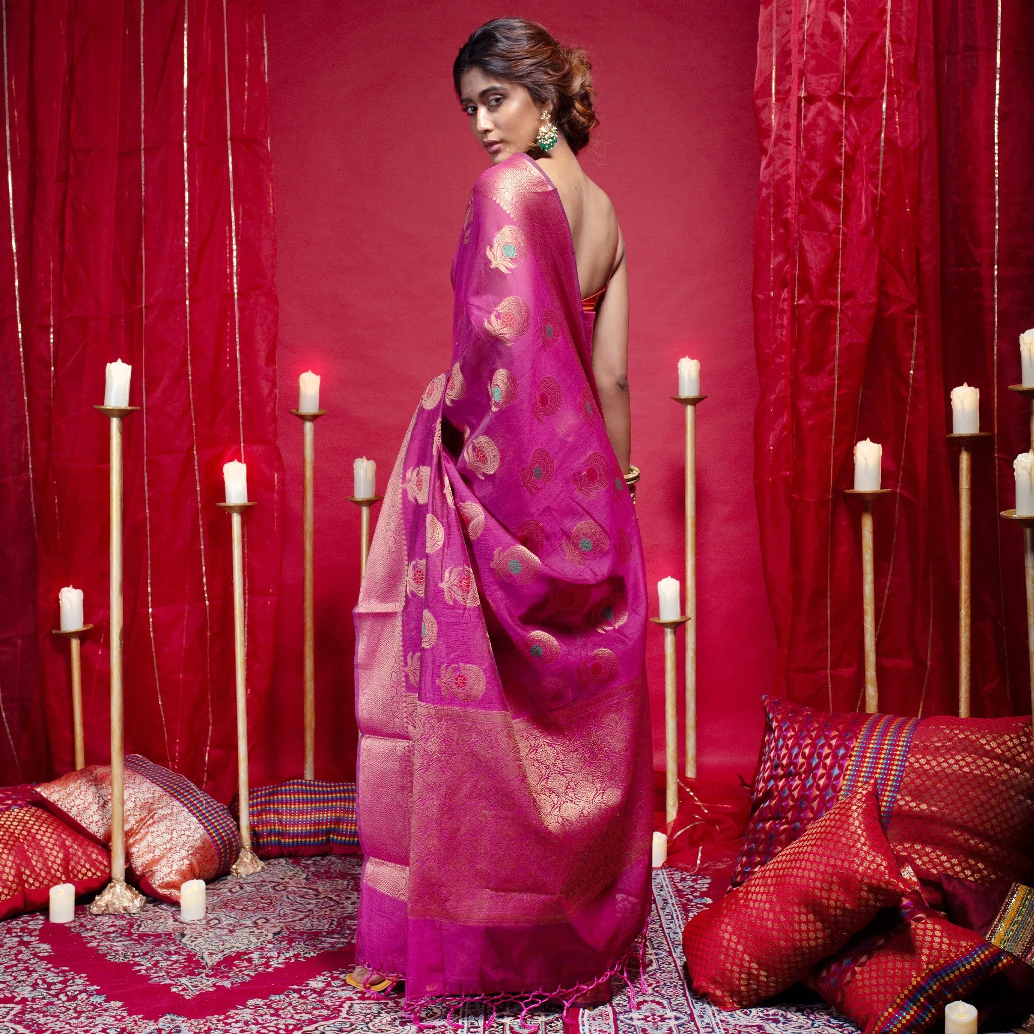 Women Banarasi Kora Organza Silk Saree In Magenta Color With Copper Zari Floral Motifs