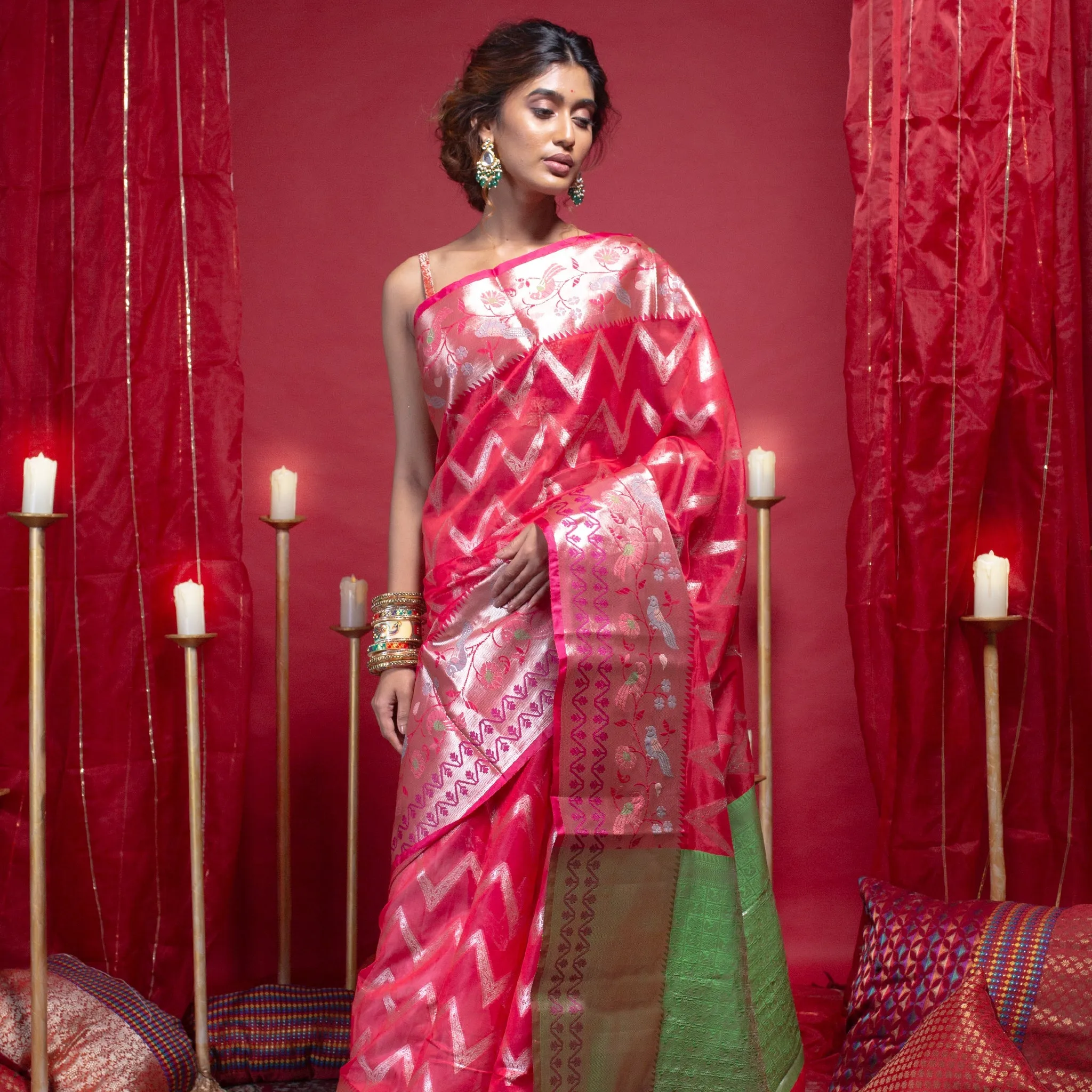 Women Banarasi Kora Organza Silk Saree In Rose Pink Color With Zigzag Motifs And Contrasting Pallu