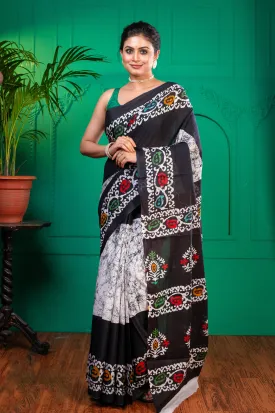 Women Black Pure Bagru Malmal Cotton Saree With Batik Print