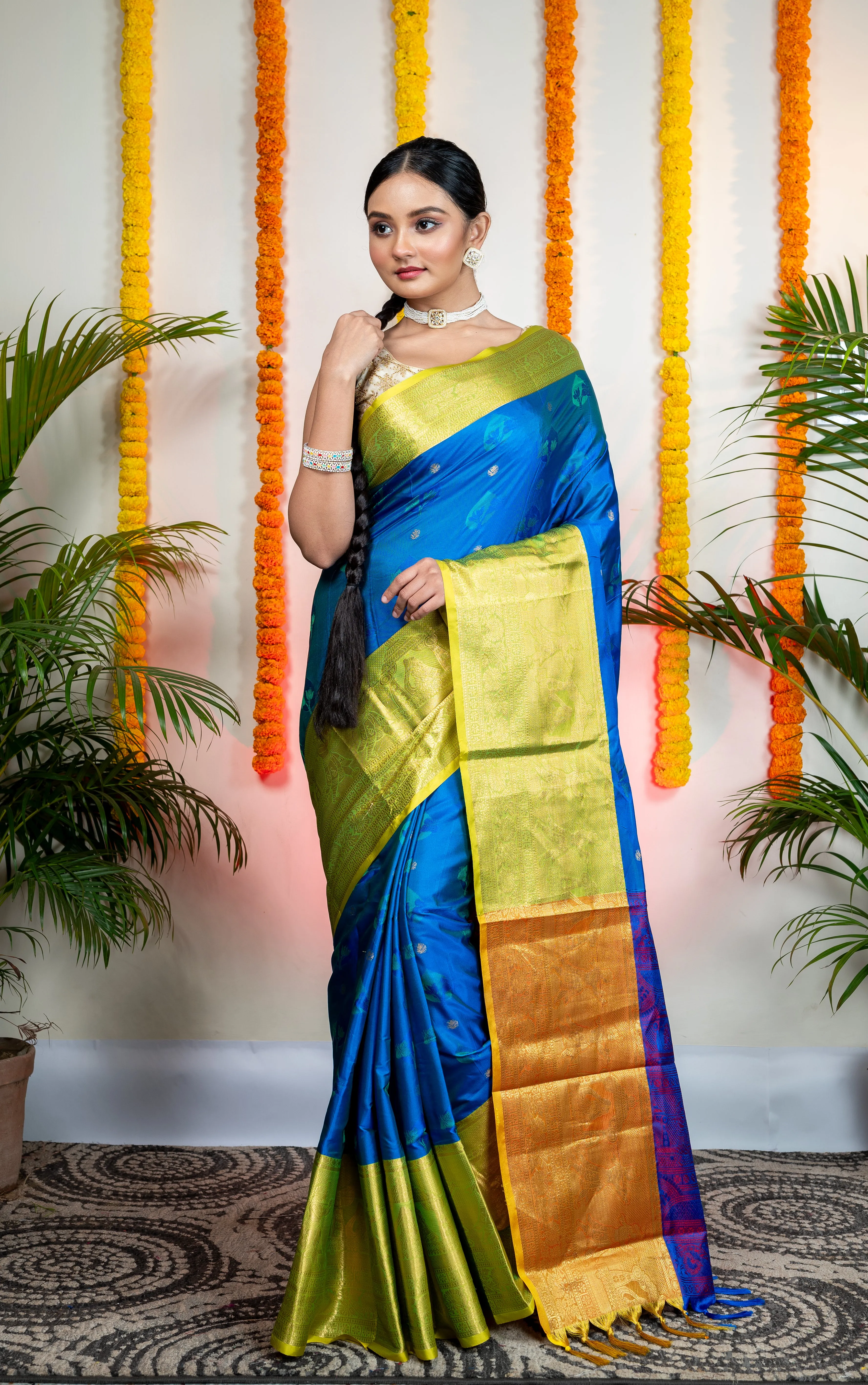 Women Blue Bangalore Silk Saree With Lime Green Mahapaar Border And Woven Motifs