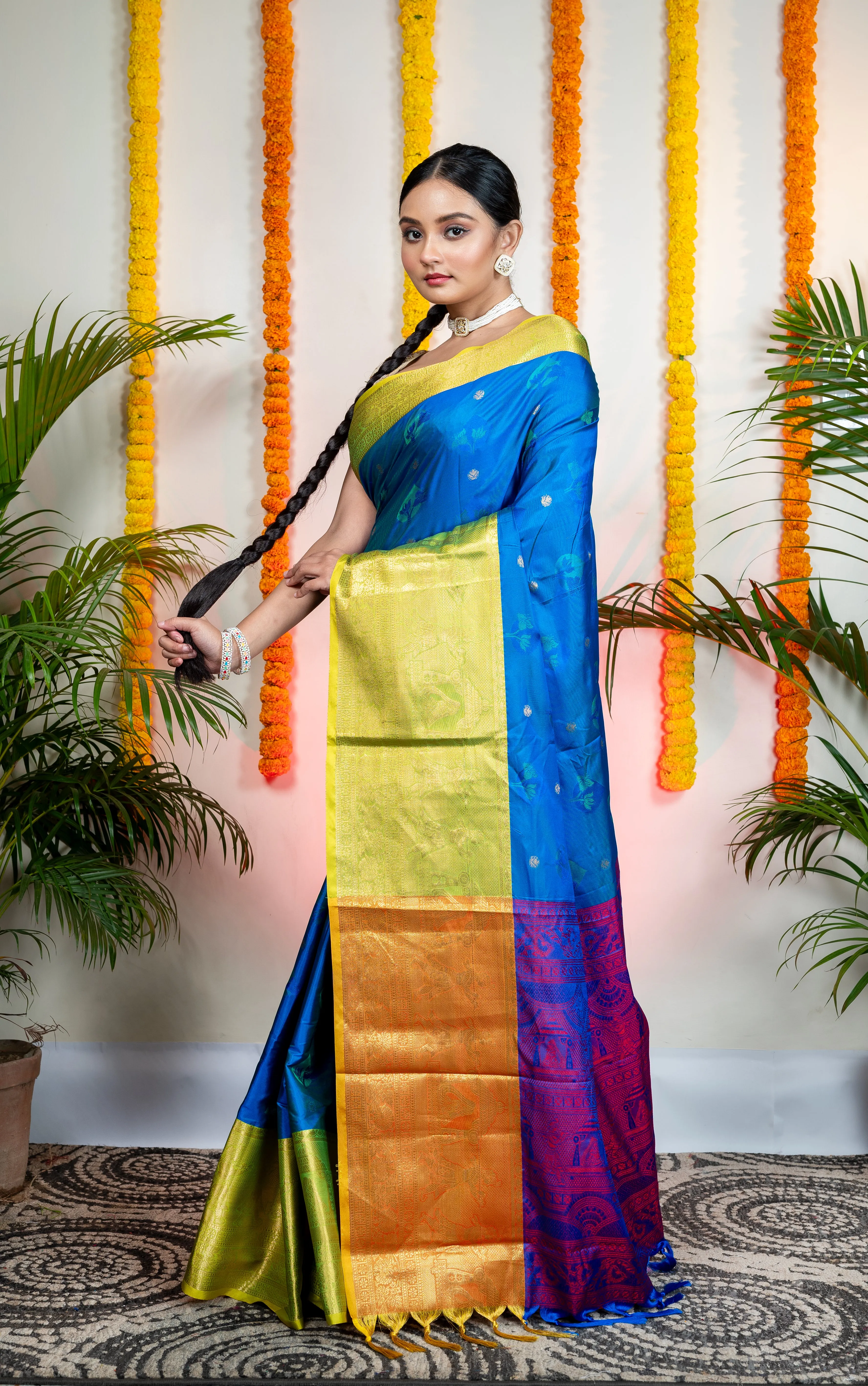 Women Blue Bangalore Silk Saree With Lime Green Mahapaar Border And Woven Motifs