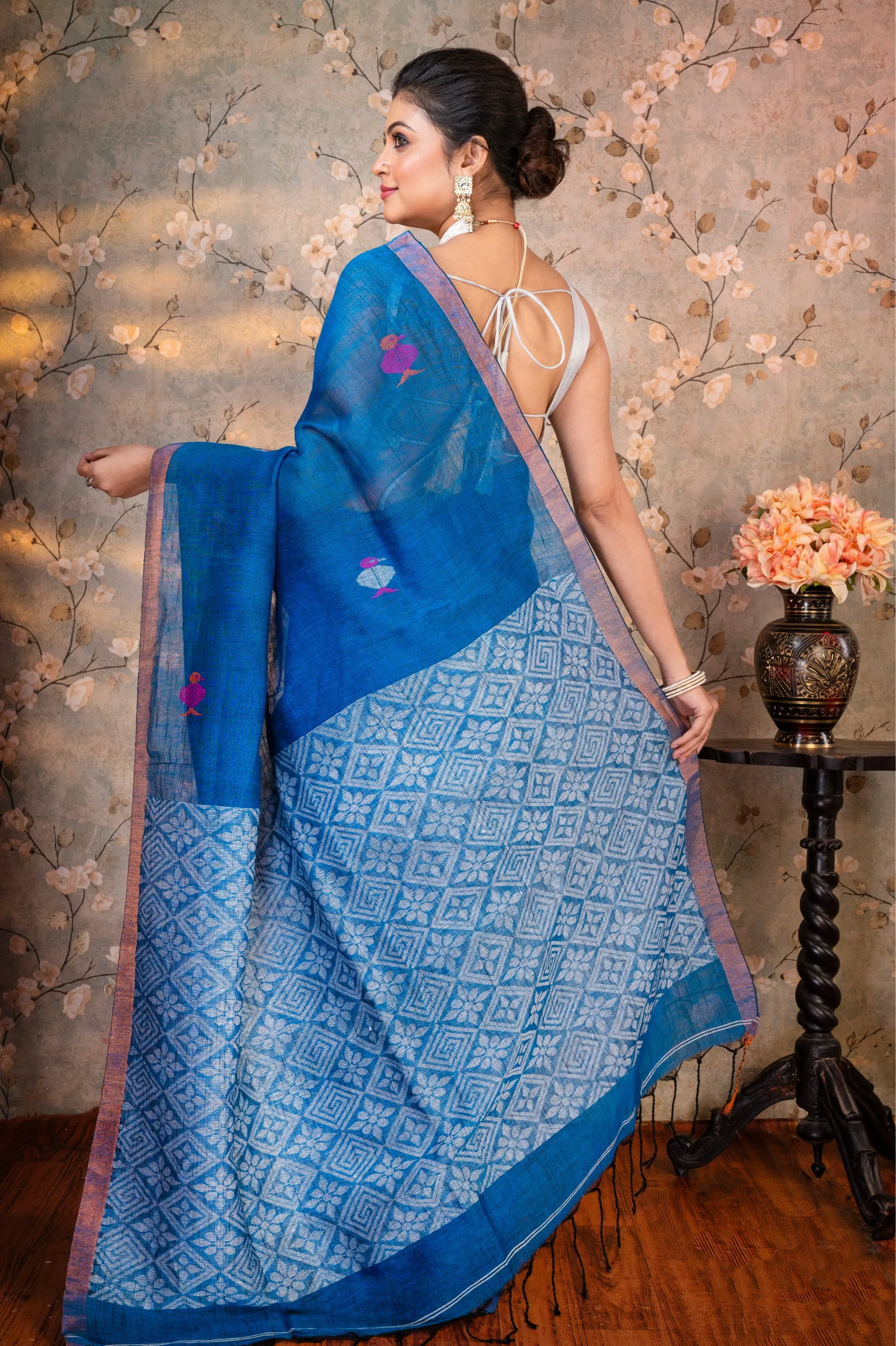 Women Blue Pure Handloom Linen Saree With Multicolor Birds Woven Motifs