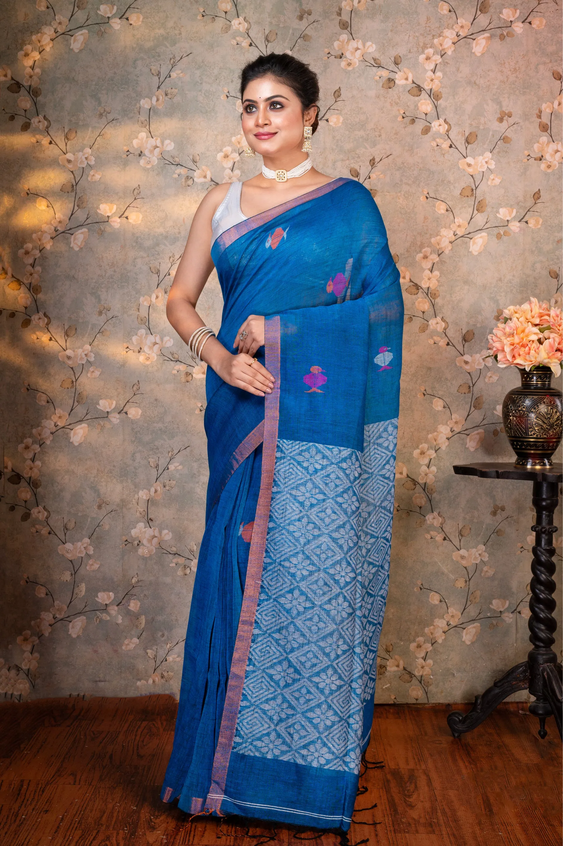 Women Blue Pure Handloom Linen Saree With Multicolor Birds Woven Motifs