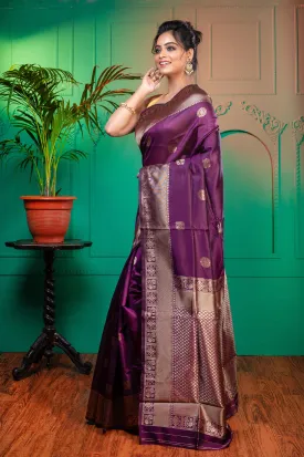 Women Indigo Purple Soft Silk Saree With Golden Zari Border And Pallu