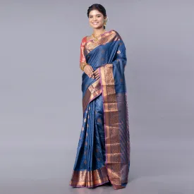 Women Kanjivaram Silk Saree In Royal Blue Color With Zari Motifs And Pallu