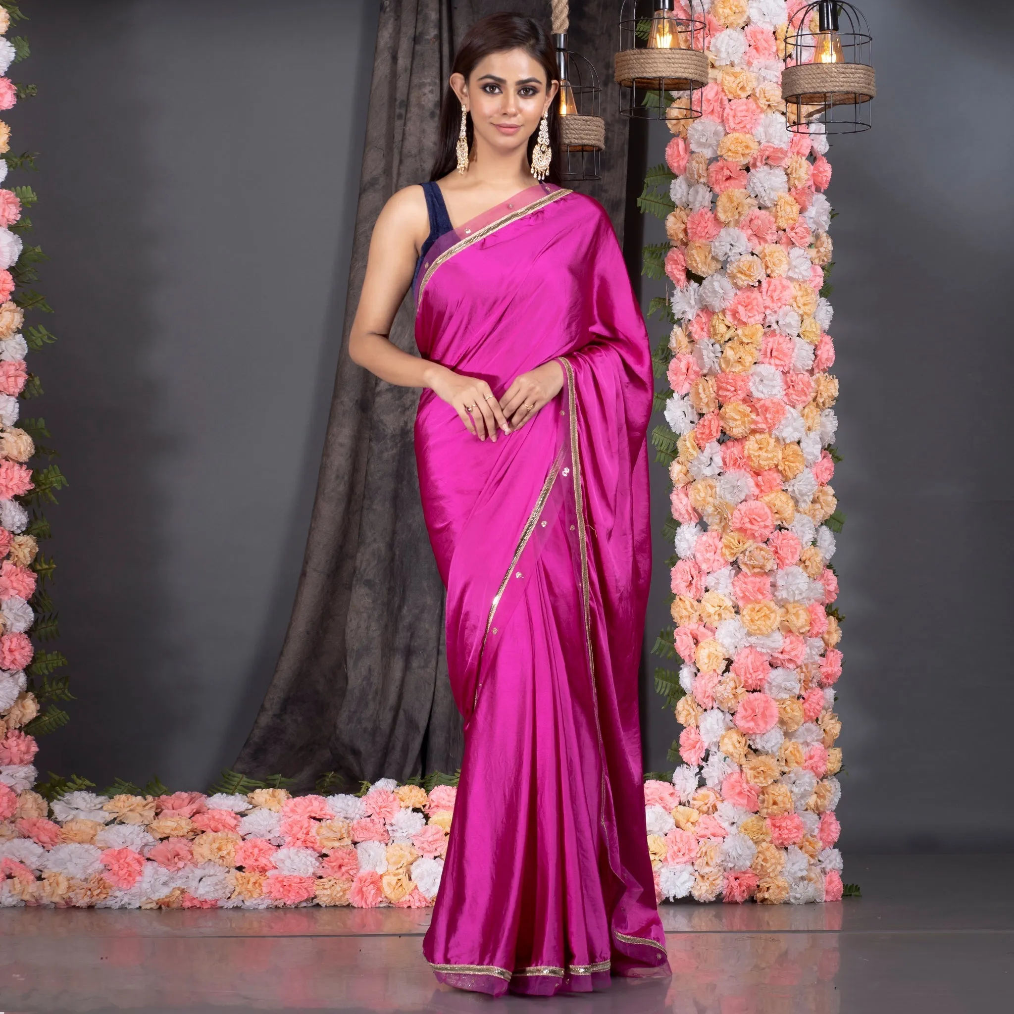 Women Magenta Satin Saree With Embroidered Border