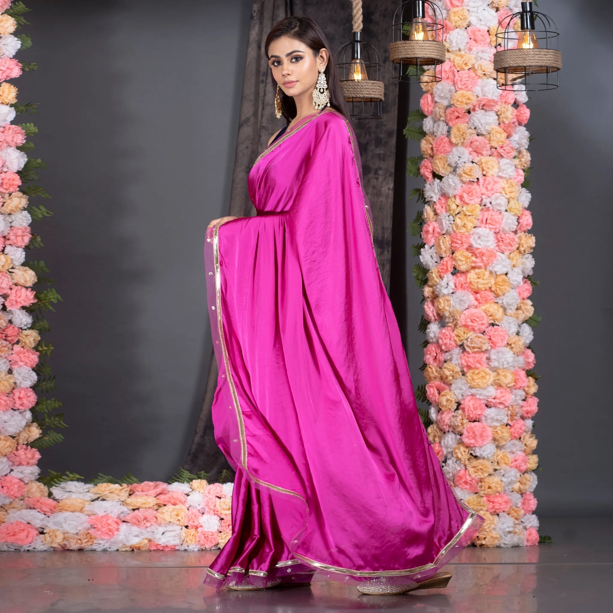 Women Magenta Satin Saree With Embroidered Border