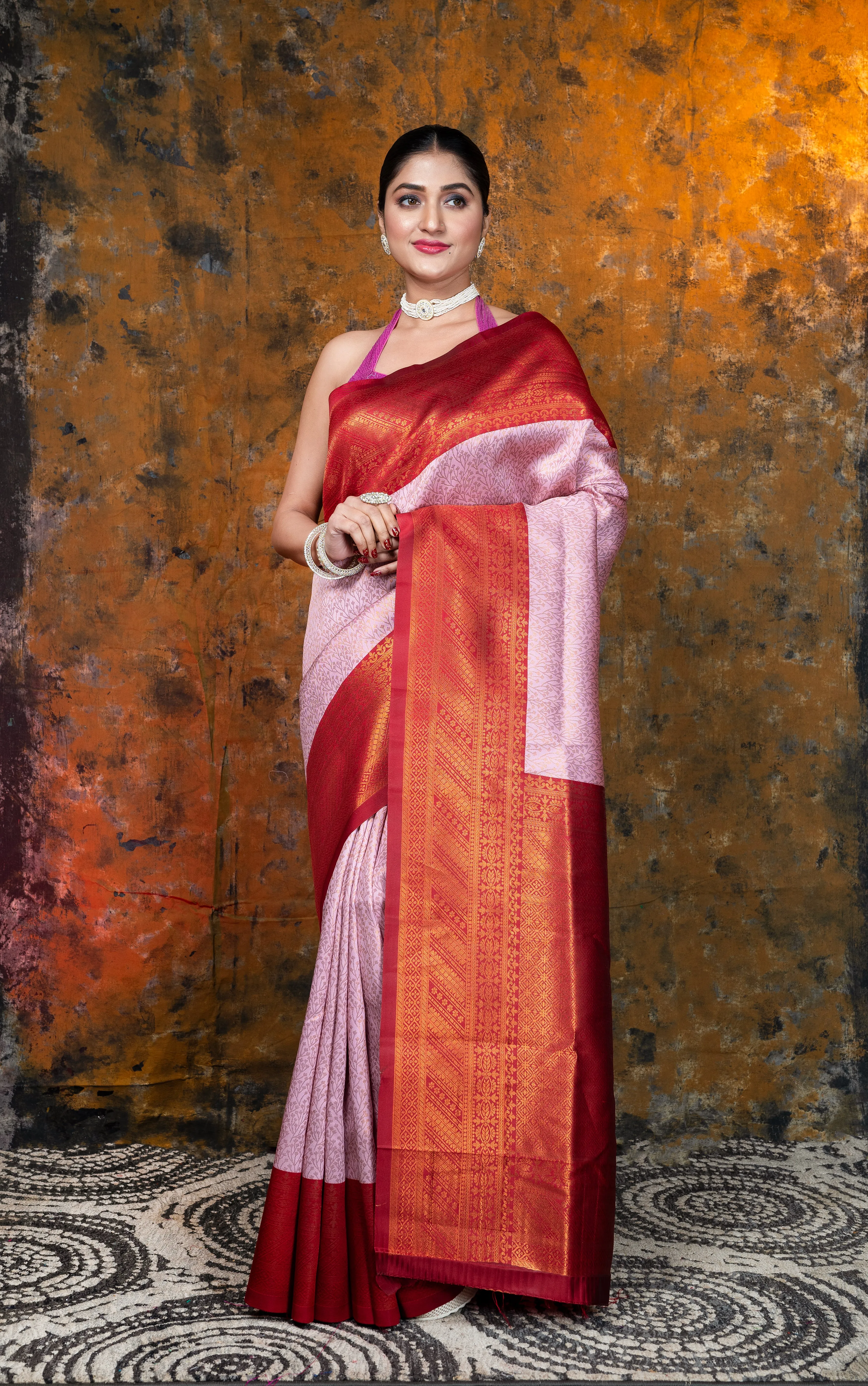 Women Pink Kanjivaram Soft Silk Saree With Copper Woven Motifs And Red Border Pallu