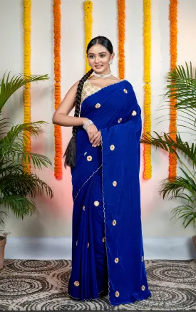 Women Royal Blue Velvet Machine Embroidered Saree