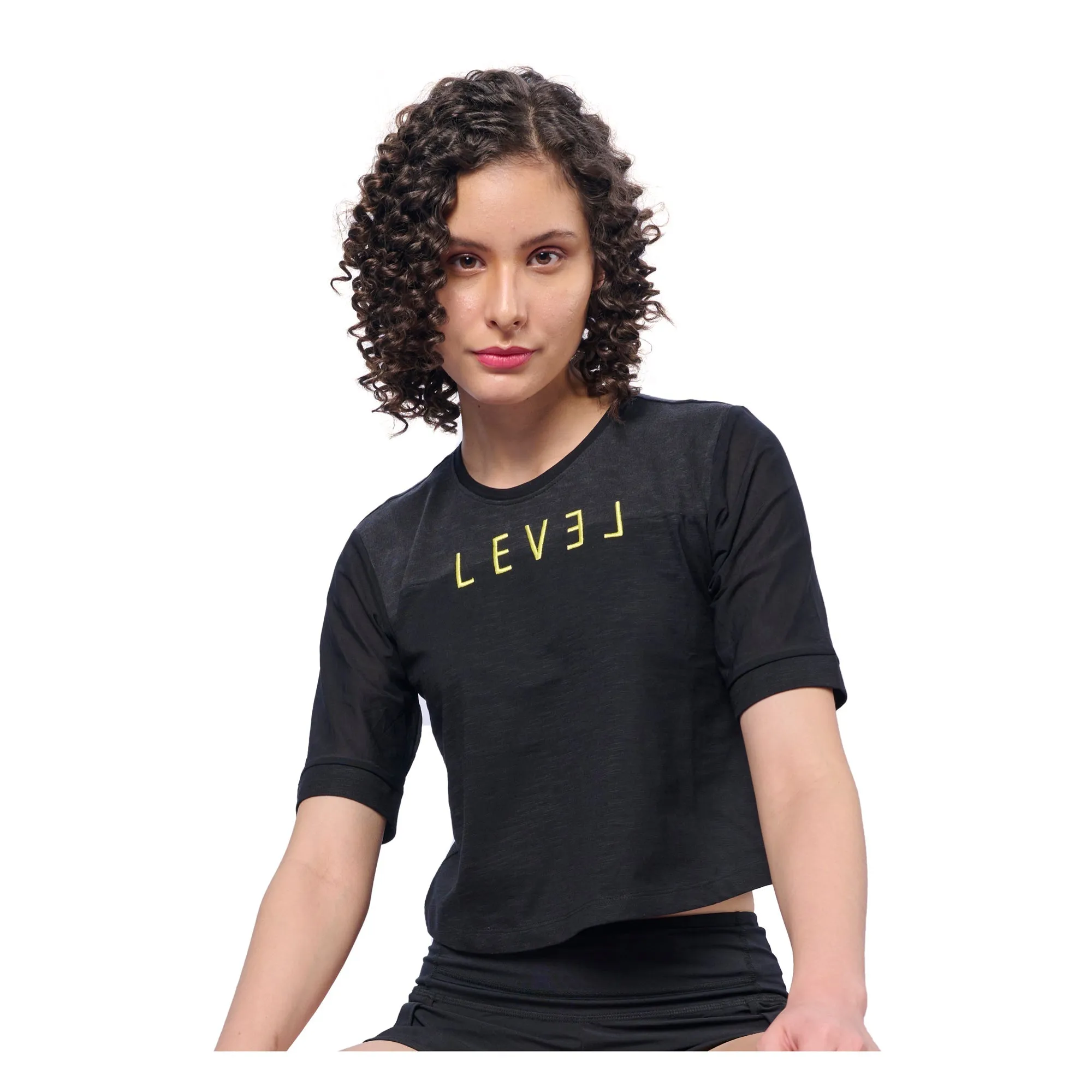 Women's Black Crop Top with Mesh Sleeves